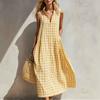 Women's Collar Sleeveless Loose Straight Waist Gingham Plaid Button Front Maxi Dress Beach Vacation Sundress