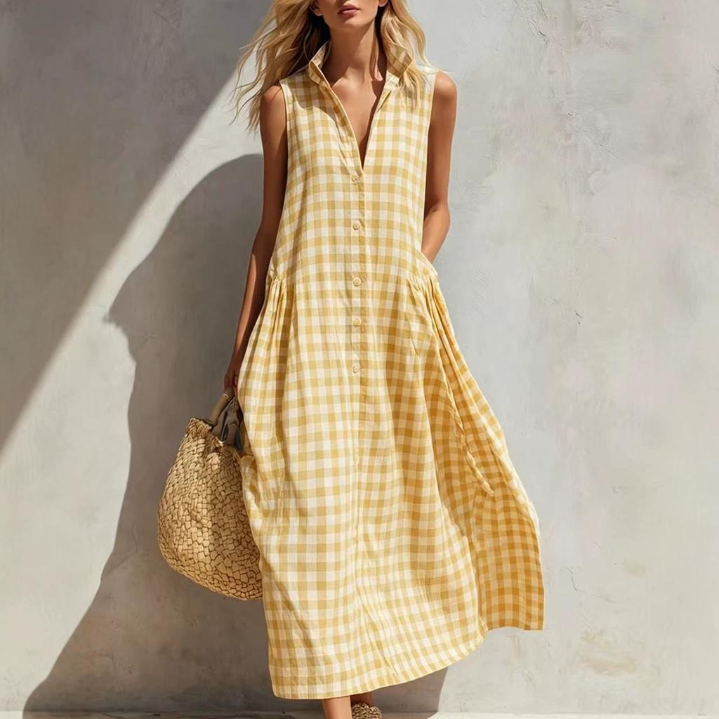 Women's Collar Sleeveless Loose Straight Waist Gingham Plaid Button Front Maxi Dress Beach Vacation Sundress
