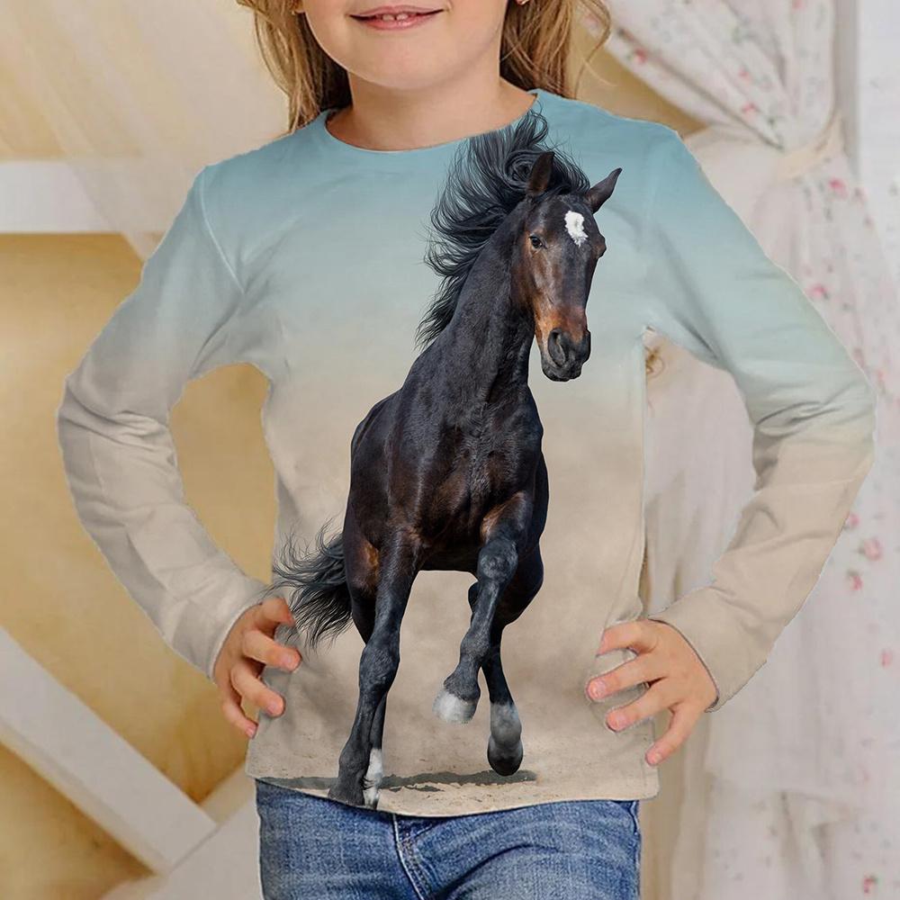 No. 11 Fashion Meisjeskleding Meisjes T-shirt Lange Mouw 3D Paard Kinderen Herfstkleding Stijlvolle Casual Kinder Tops Ronde Hals Kind Jongenskleding 140