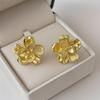 Trendy Golden Metal Flower Stud Earrings for Women Vintage Double Layer Petal Earrings Party Personality Zircon Accessories