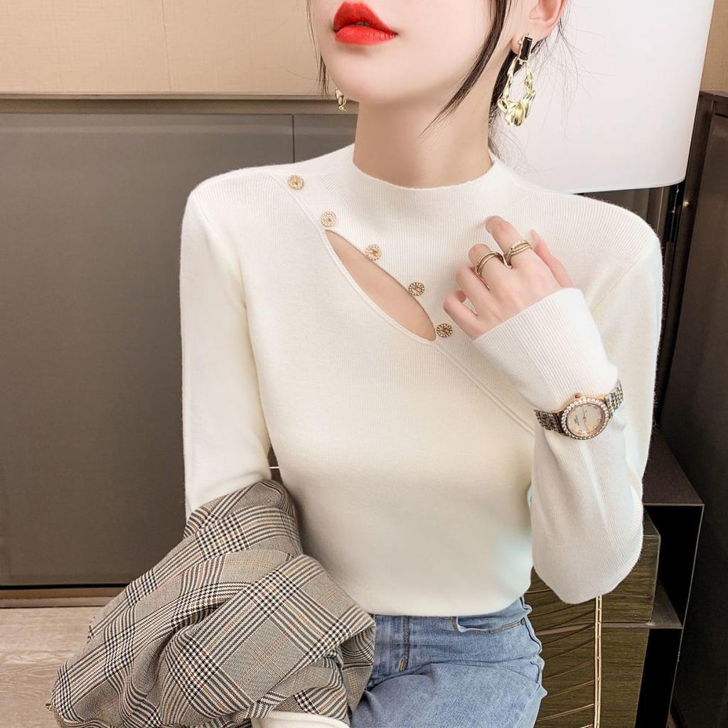 Pure collarbone top women's design semi-turtleneck long-sleeved knitted bottoming shirt women's solid color