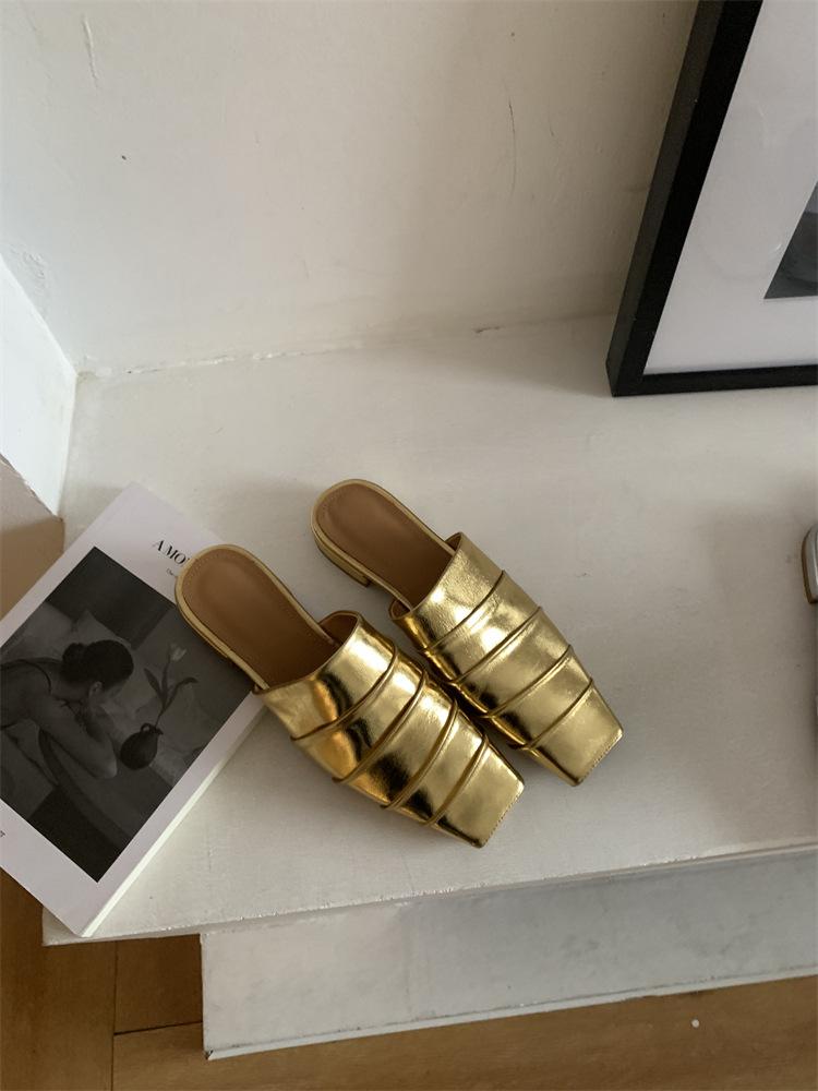

Летние новые модные сумки, головные полушлепанцы, женская уличная одежда, плиссированные туфли-мюли, квадратный носок, удобные прохладные шлепанцы 42 золотой