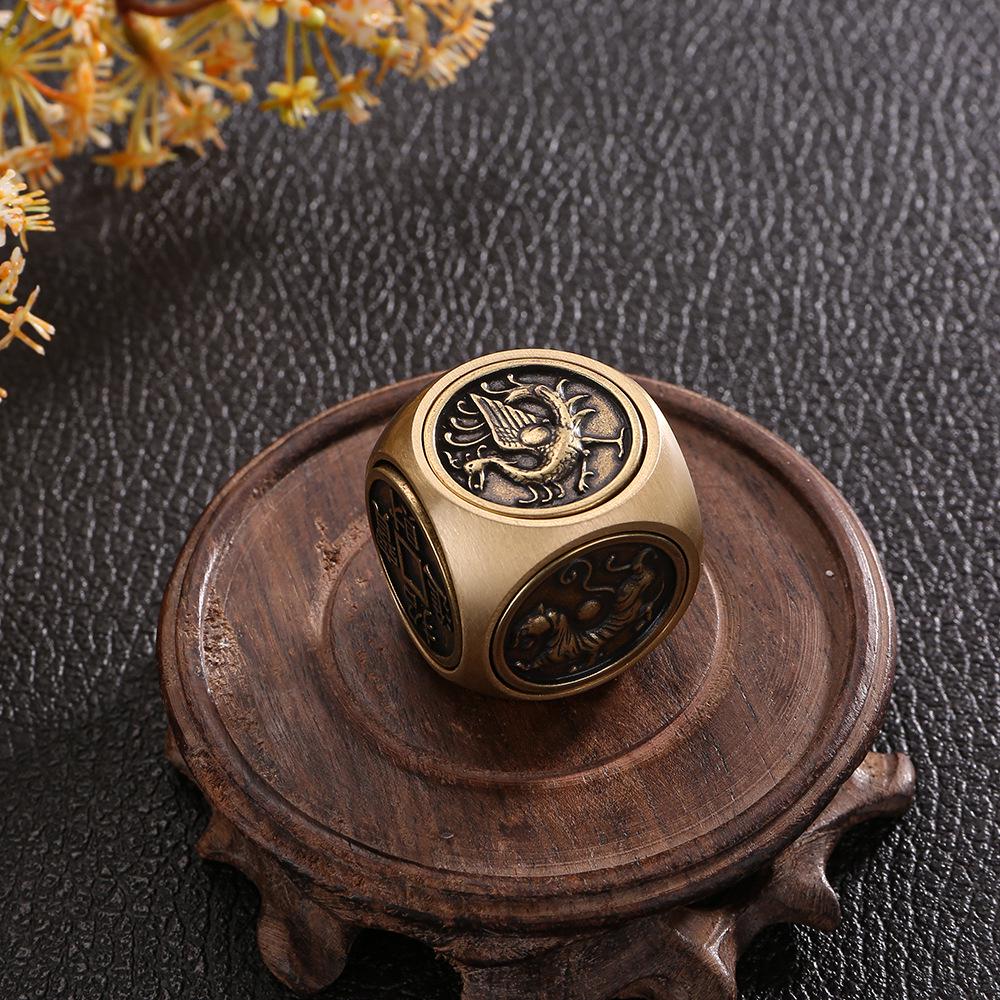 Brass Rotating Handle with Six-Sided Ball and Five Emperors Coins Desktop Ornament