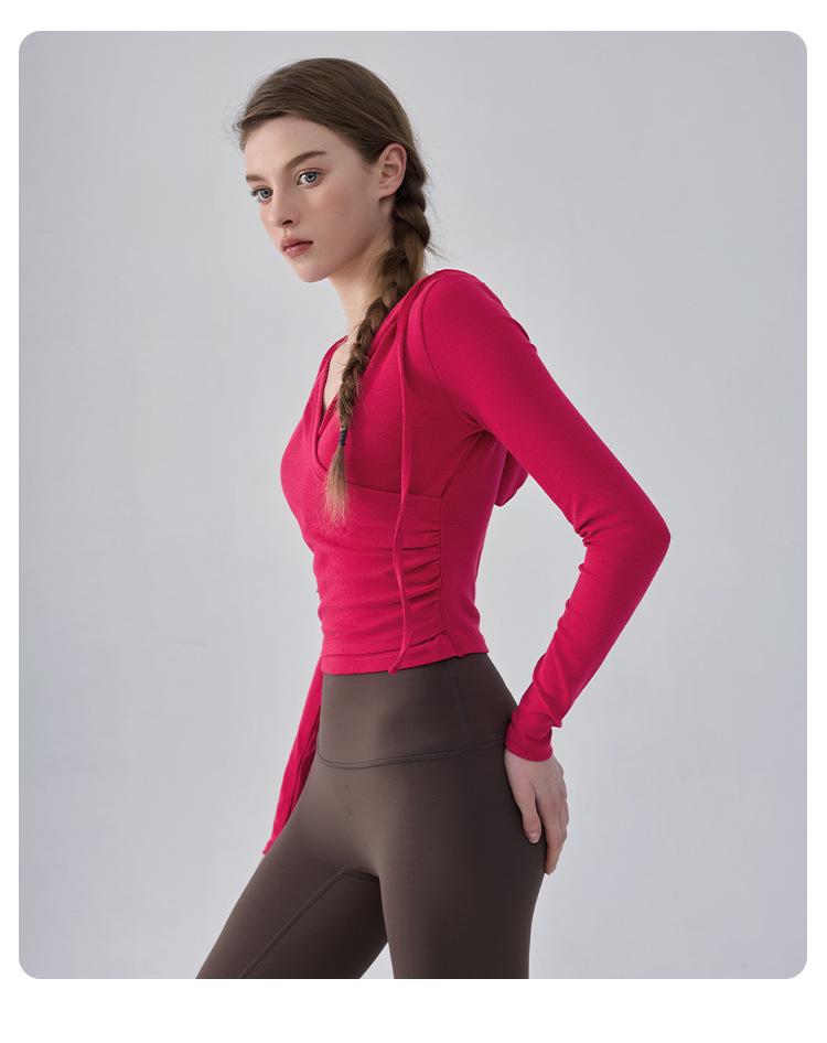 Women's Hooded Slim-Fit V-Neck Yoga Suit - Autumn & Winter Long-Sleeved Fitness Top for Running & Pilates
