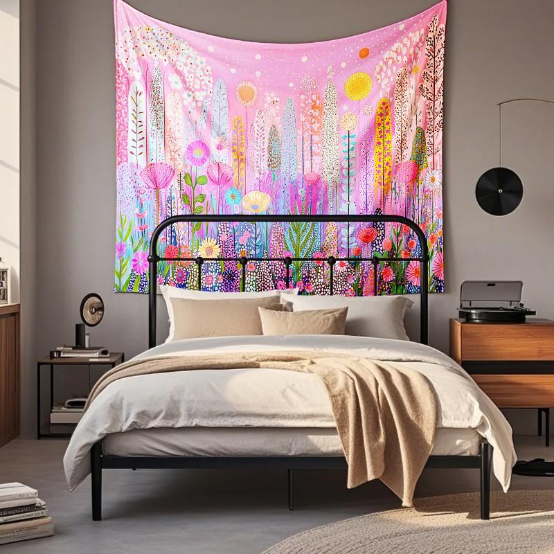 Boho Chic Wall Tapestry With Moon Phase Floral Starry Sky Design Bedroom Yoga Studio Decor