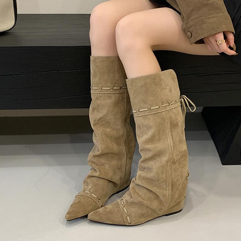 Fashion Liyke Fashion Design Drawstring Lace Up Knee High Boots Women Vintage Pointed Toe Inside Height Increasing Long Shoe Botas Mujer