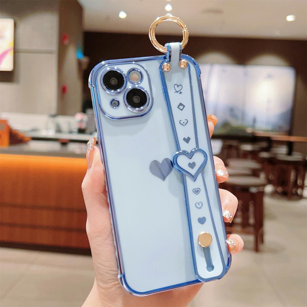 For iPhone 13 Case Love Heart Pattern TPU Phone Cover Wristband Finger Holder