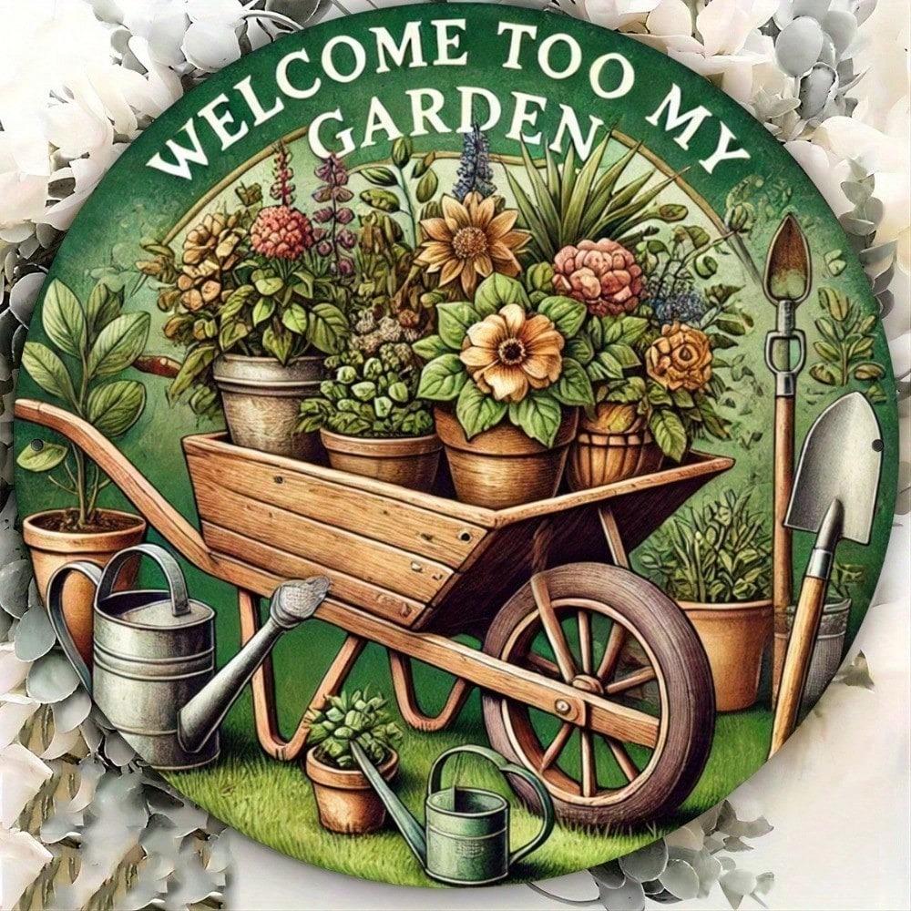 Vintage Round Metal Welcome Plaque 8x8 Inch, Rustic Tin Wall Art for Patio Porch Garden Decor, Weather-Resistant Outdoor