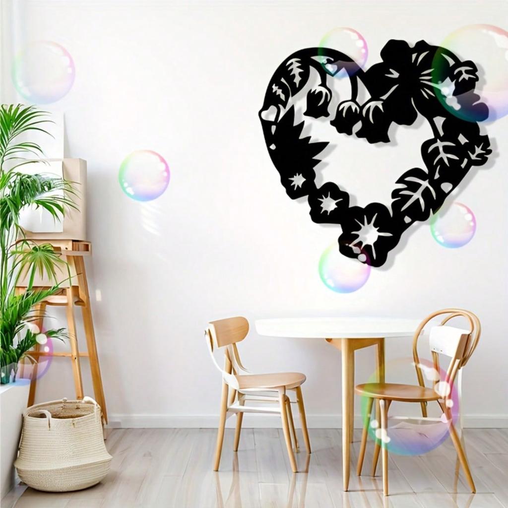 Vintage Black Metal Heart Wall Art with Leaf Design Hanging Ornament Indoor Outdoor Home Decor Gift