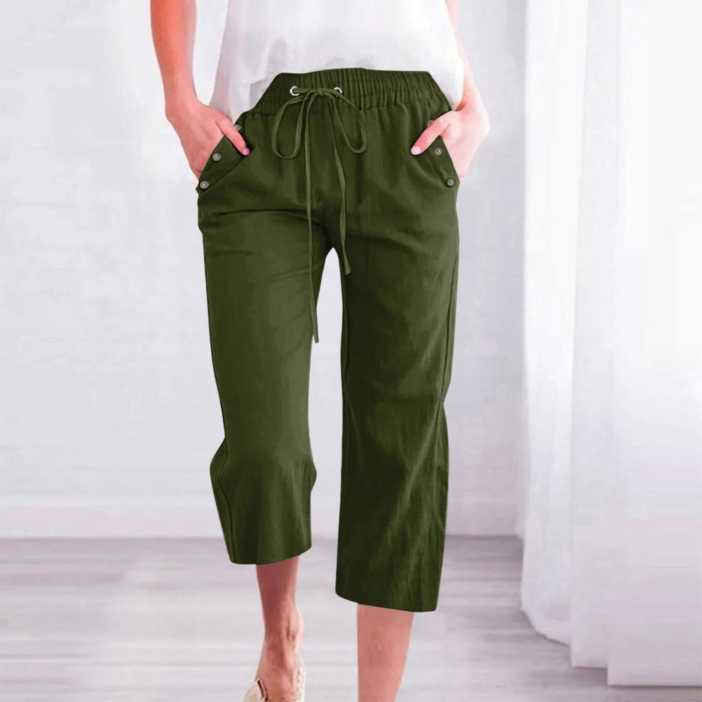 Women's Summer Elastic Lace-up Color Button Decoration Cotton And Linen Loose Cropped Pants