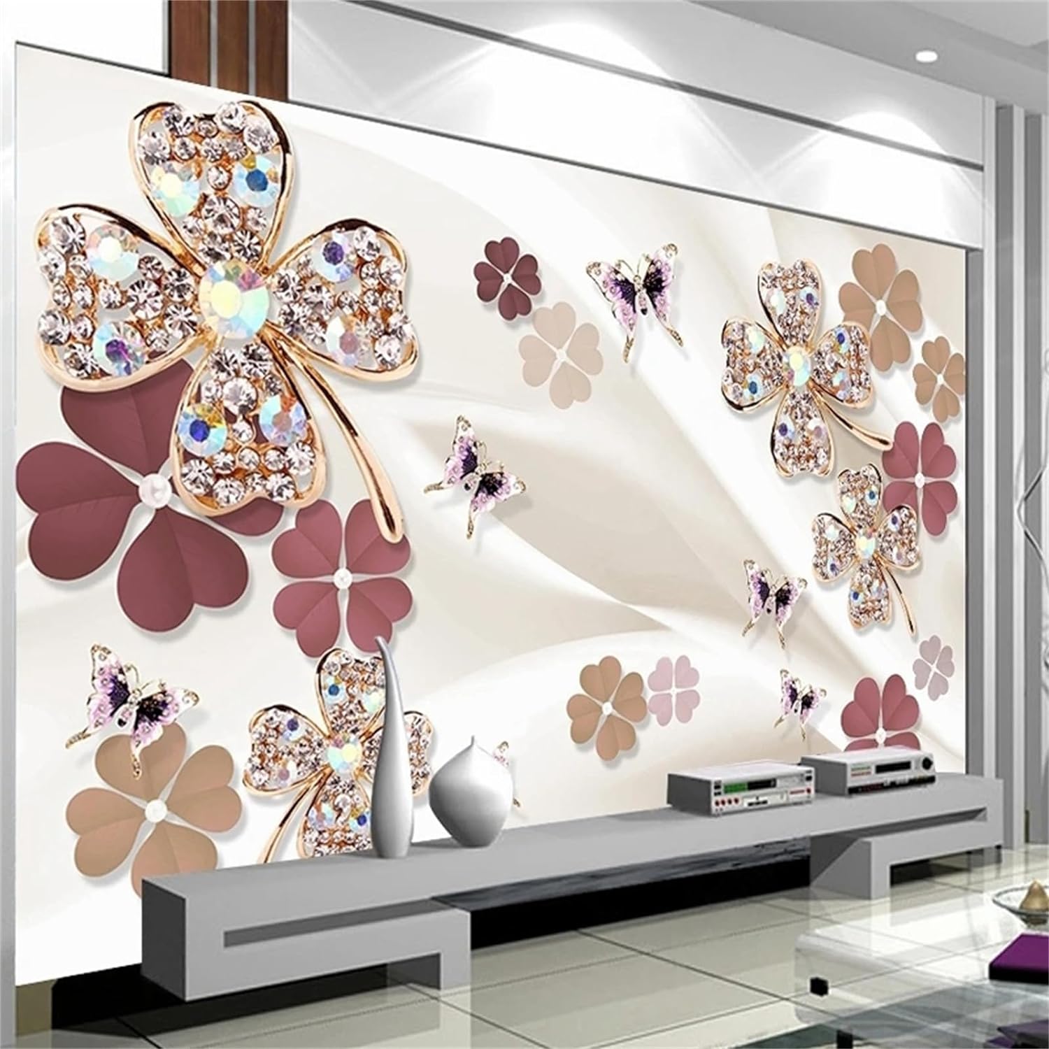 

Diamond Flower Wallpaper Butterfly Jewels Wall Murals, European Style Living Room Bedroom Large Size Wallpaper 200 cm(W) x 140 cm(H)