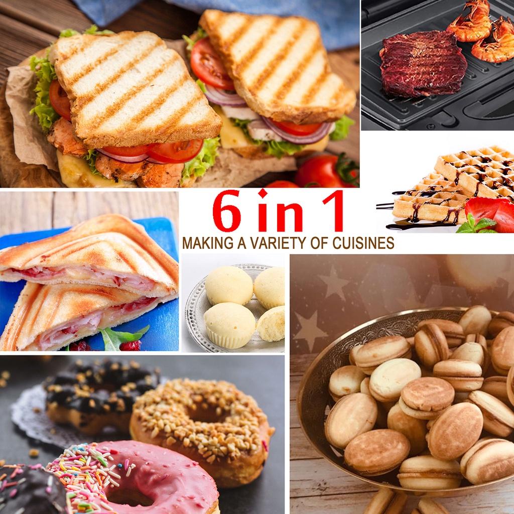 750W 6-in-1 Electric Waffle Machine Maker Multifunctional Sandwich Maker Home Muffin Cake Donut Bubble Waffle Maker Breakfast