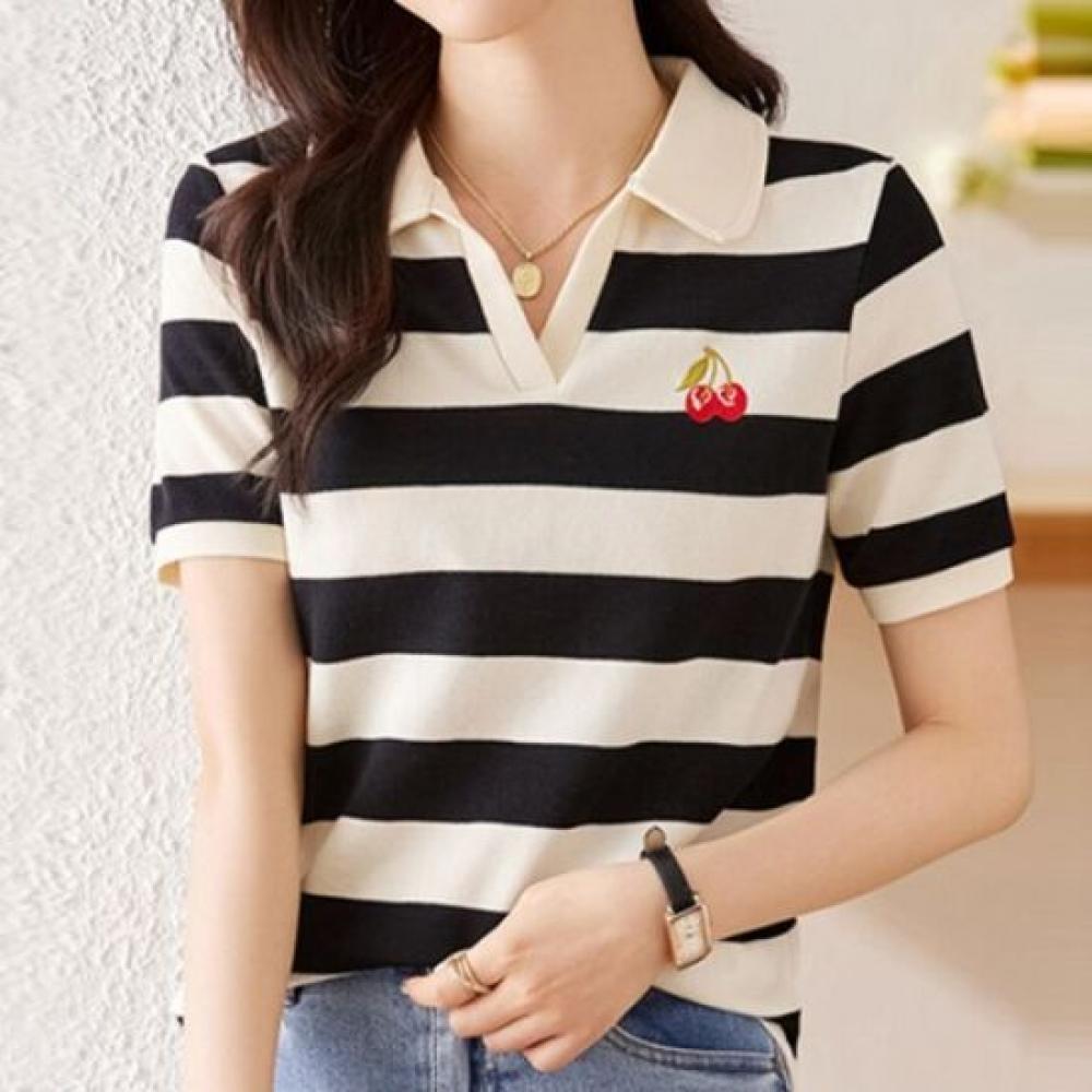 Navava Casual Cherry Embroidery STriped SpliT Collar T shirT nT807