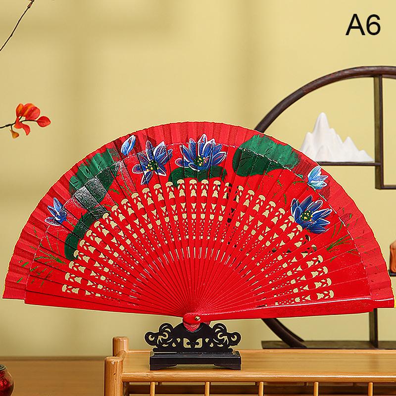1Pc Chinese Style Double-Sided Folding Fan Hollow Double-sided Craft Gift Dancing Printing Wood Spanish Hand Fan Party Supplies