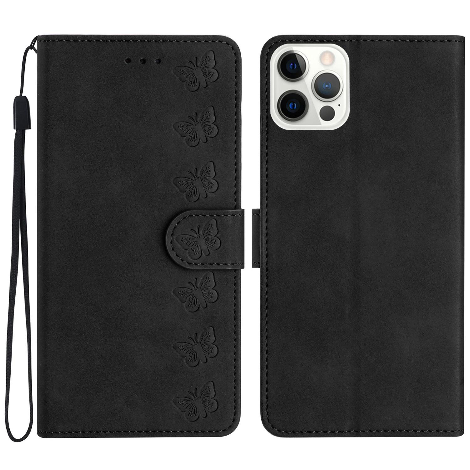 For iPhone 16 Pro Wallet Case PU Leather Folio Phone Cover 7 Butterflies Imprinted B