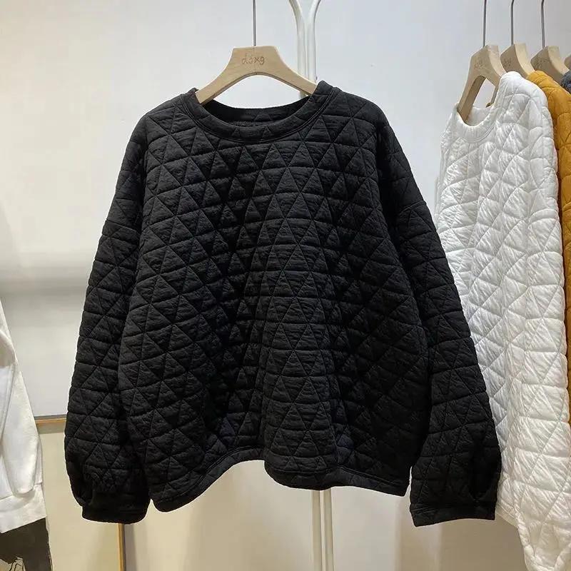 Women Casual Pullover Triangle Quilted Top Collapsed Shoulder Long Sleeve Causal Thick Sweatshirt