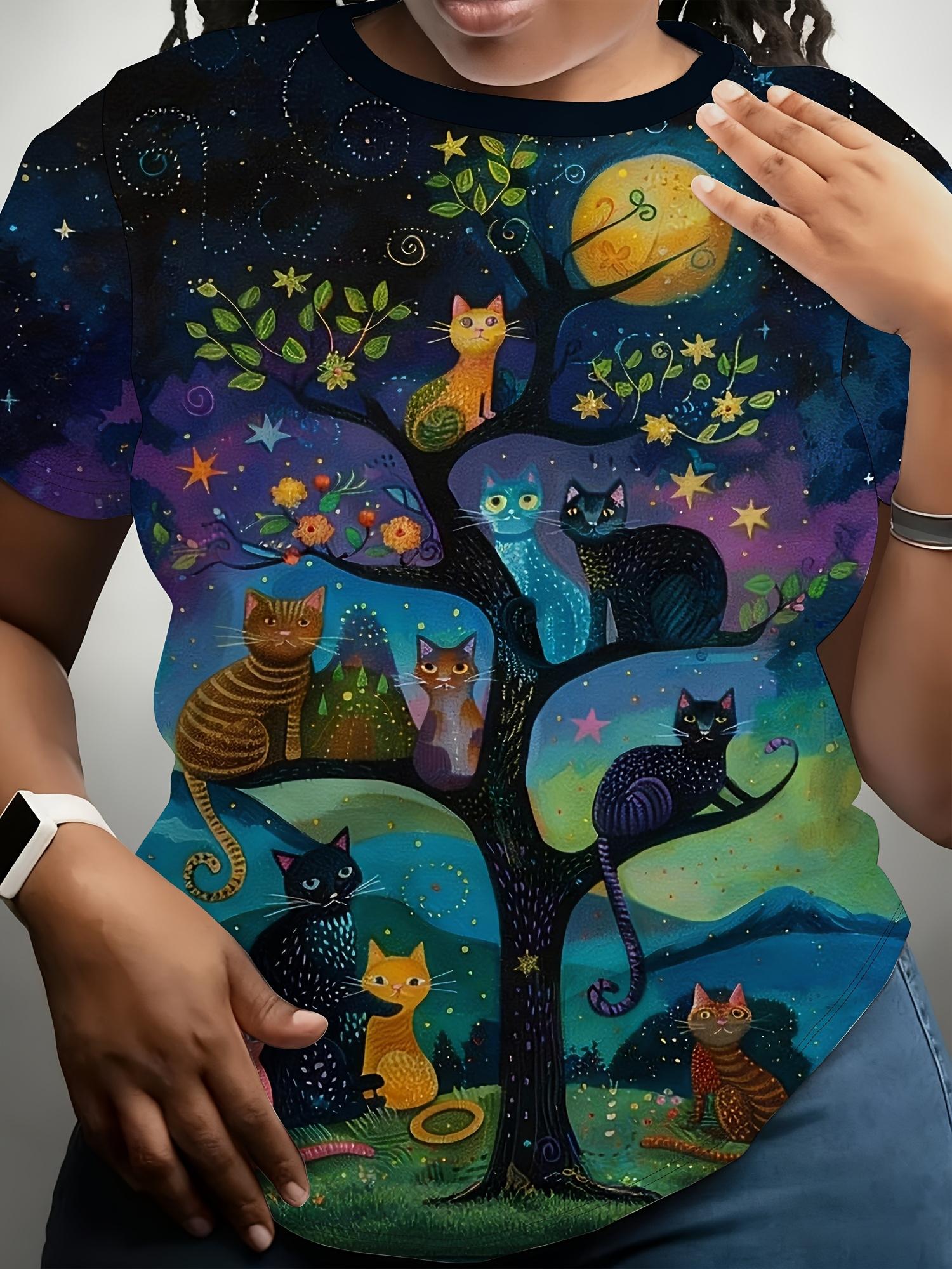 

Starry Night Cute Cat Tree Print Short Sleeve T-Shirt. Fantasy Loose Round Neck Top. Women S Special Clothing. Women S Clothing. Women S Digital Print S дубильная кора