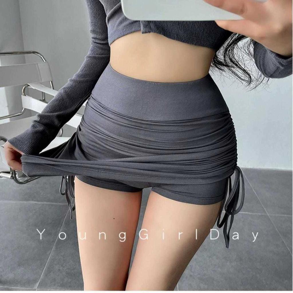 2026 European & American High-Waisted Slimming Drawstring Lace-Up Mini Skirt with Built-in Shorts