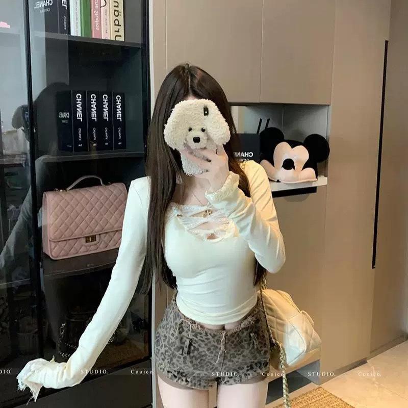 Lace Patchwork Long Sleeve Apricot Thermal Fleece Slim Fit Women s Top Large абрикосовый