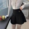 Black White Pleated Skirts Casual Slim College Women Korean Elastic High Waist Mini Metal Letter D A-line Skirts Clubwear