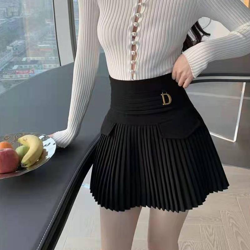 Black White Pleated Skirts Casual Slim College Women Korean Elastic High Waist Mini Metal Letter D A-line Skirts Clubwear