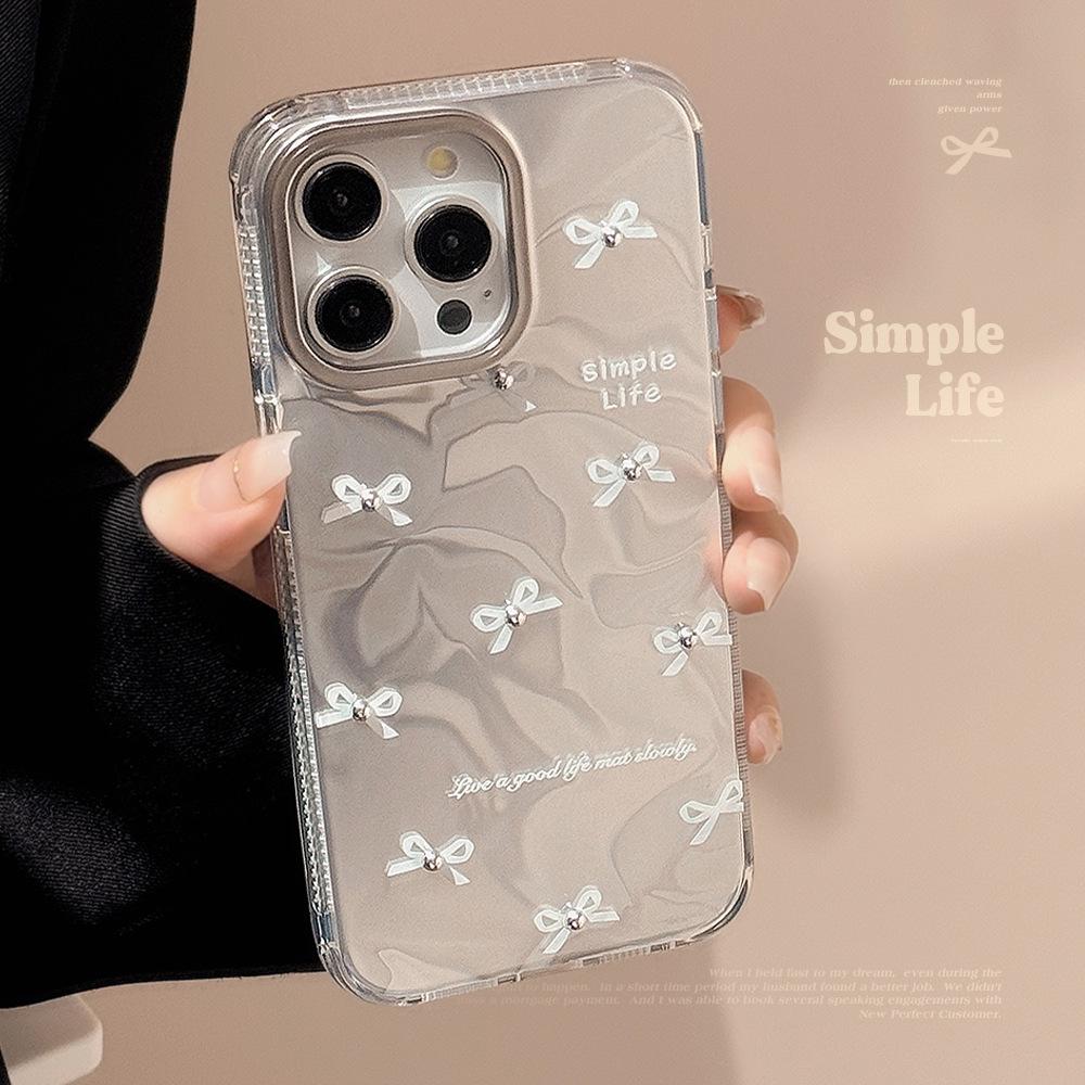 Capa de Telefone IPhone 16 Estilo Coreano Apple 13 Laço Branco Tridimensional 14promax Ondulação de Água 12 Rígida