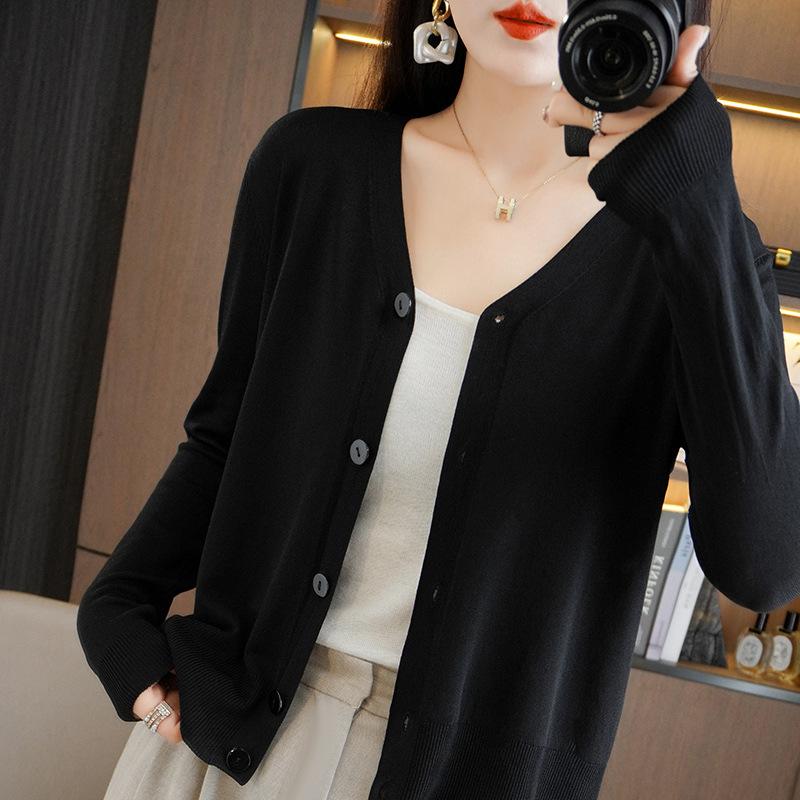 IHUASU Summer Thin Long-sleeved Ice Silk Knitted Women Cardigan Jacket Sun Shirt Air Conditioning Shirt with Skirt V-neck Outwear Tops