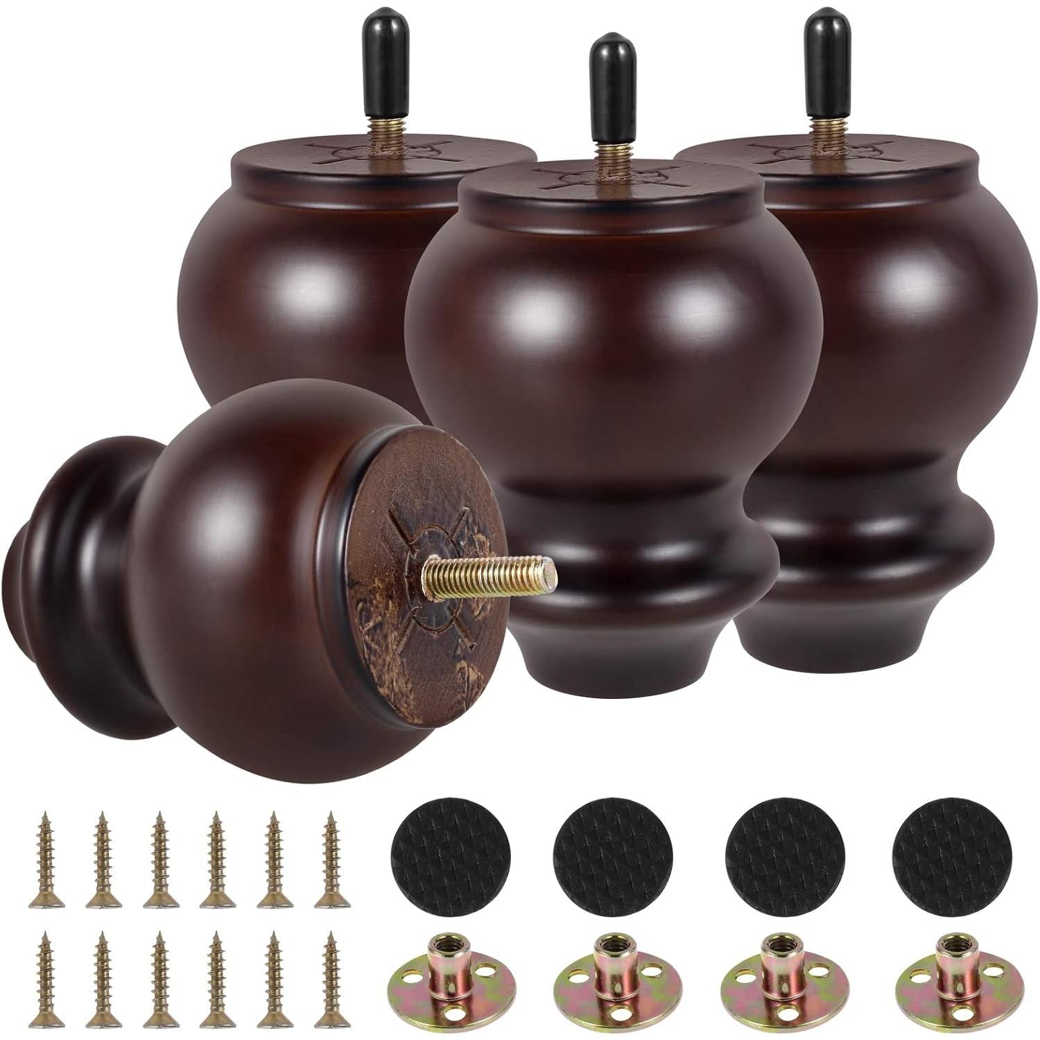 

4Pcs Furniture Legs Gourd Shape Wood Furniture Feet H10cm Retro Walnut Sofa Legs with Pre-Drilled 5/16 /M8 Bolt & Mounting Plate & Screws for Table коричневий