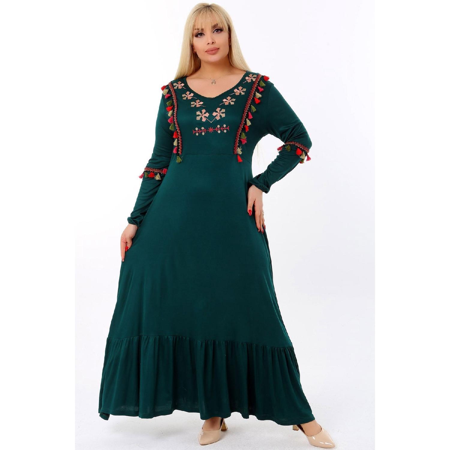 

V -neck Tassel Skirt With Frilly Long Sleeve Embroidery Full Size Dress 42-44 зелений