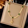 Gold Herringbone Necklace with Green CZ Heart  Butterfly Pendant, Dainty Adjustable Jewelry for Women Daily Wear Gift