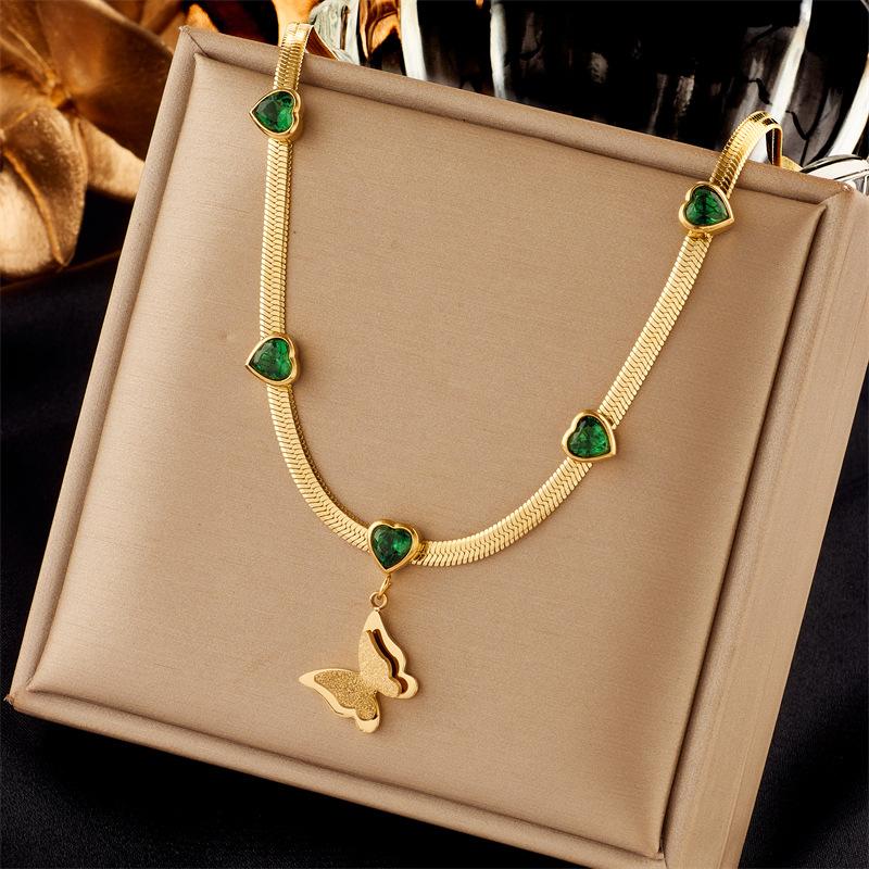 

Gold Herringbone Necklace with Green CZ Heart Butterfly Pendant, Dainty Adjustable Jewelry for Women Daily Wear Gift зелёный