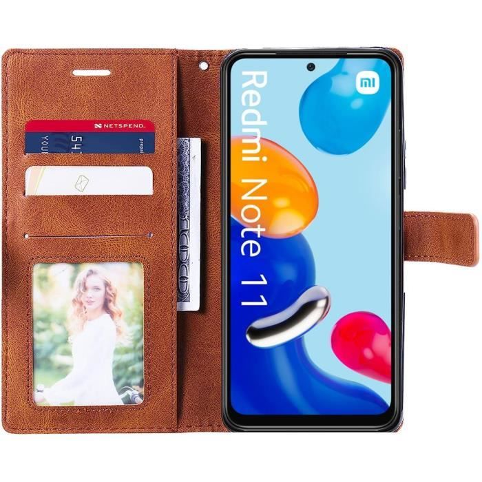 Coque + Verres TrempésPour Xiaomi Redmi Note 11 - Effet Cuir Elégant - Marron - Utilisation comme béquille