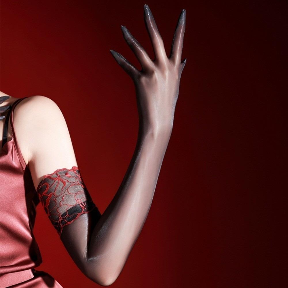 Women Ultra-thin Five Finger Gloves Oil Smooth Sexy Mittens Stretchy Lace Cuff Stockings Glove Sheer Nightclub