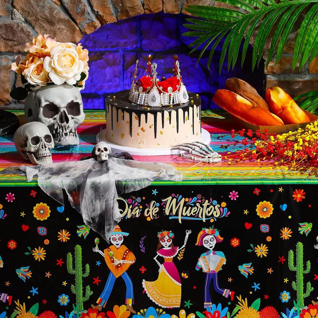 3 Pieces Day of The Dead Tablecloth Dia De Los Muertos Table Cover Halloween Sugar Skull Floral Table Cover Mexican Fiesta Plastic Tablecloth for
