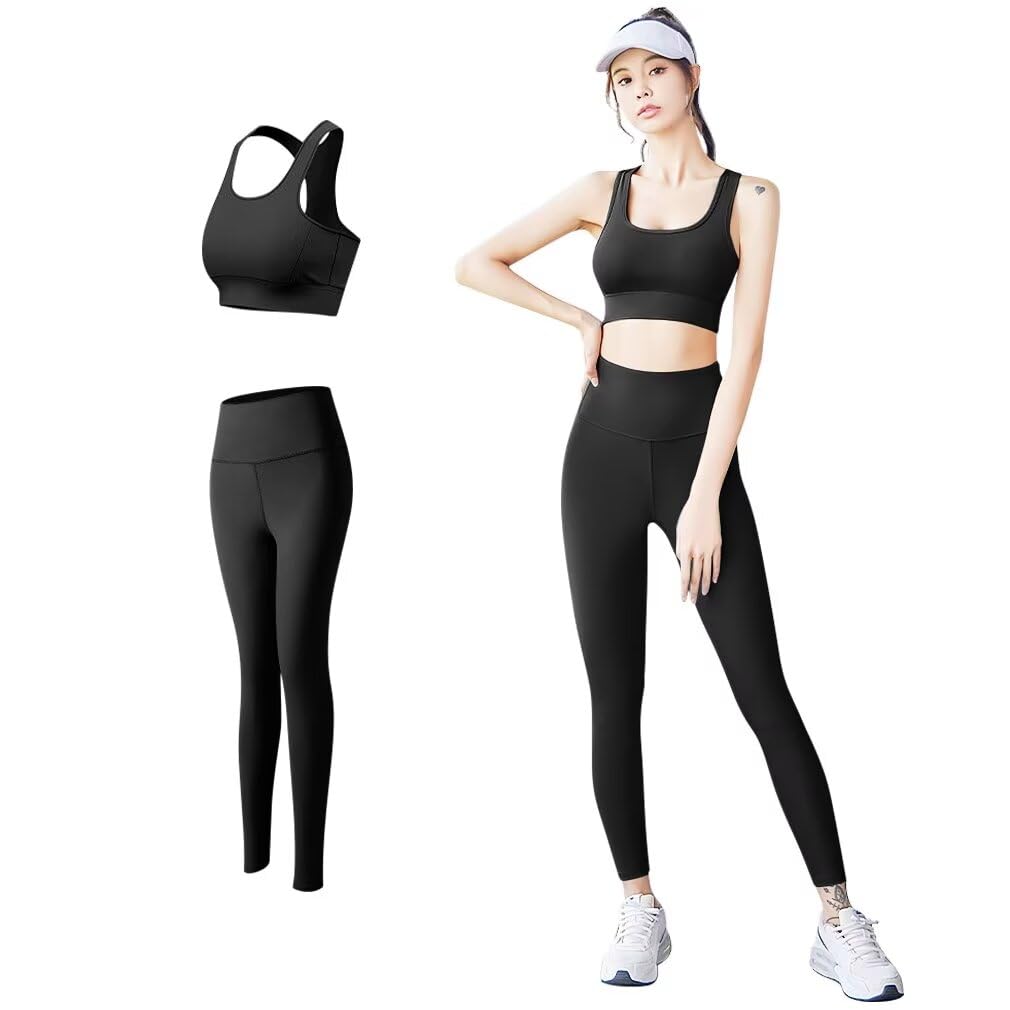 

THREEGUN Одежда для йоги Спорт и Леггинсы для фитнеса и фитнеса Размер Женский комплект, Бюстгальтер, (Черный, Л)