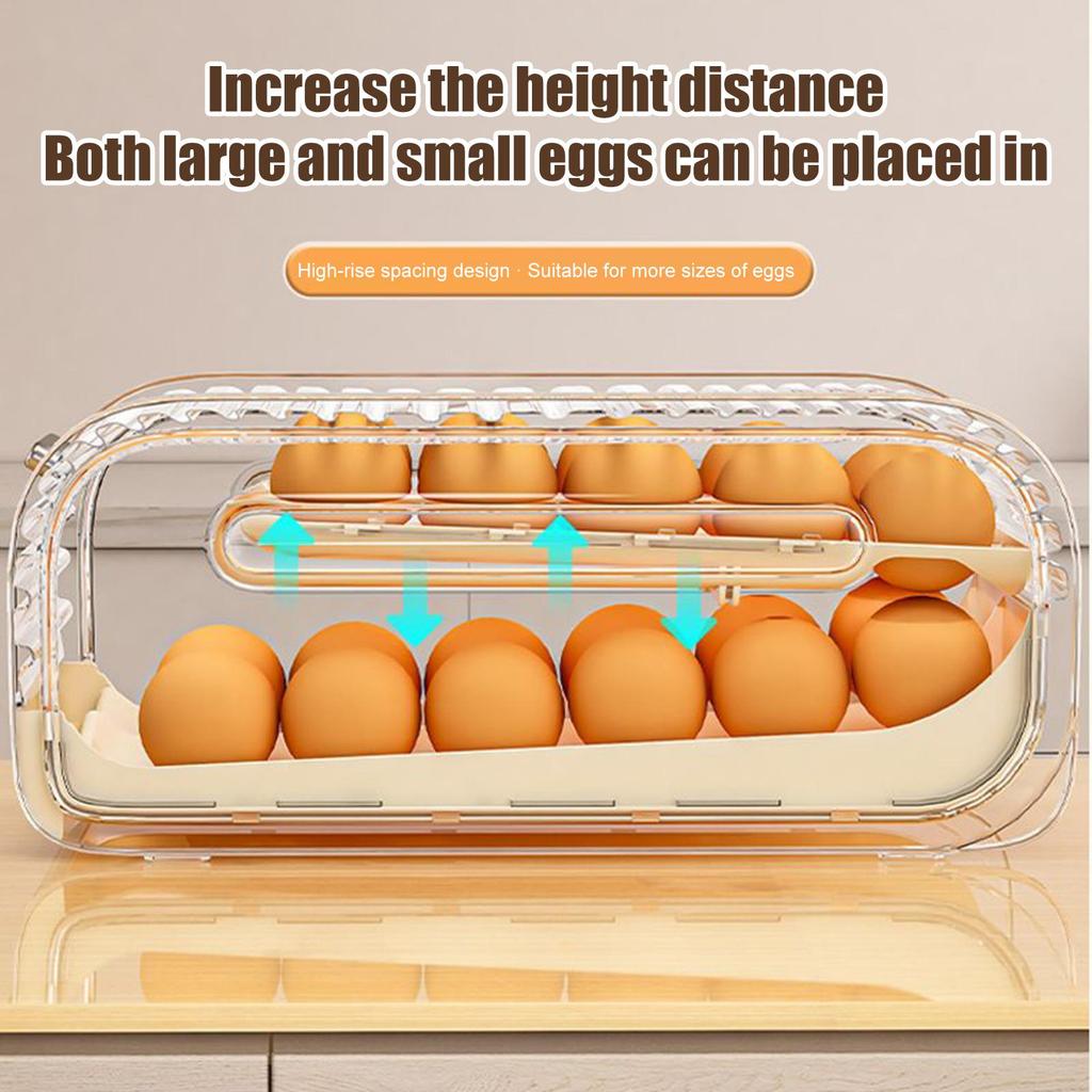 Egg Tray 2-Tier Sliding Lid Automatic Rolling Egg Holder Countertop Refrigerator Organizer for Freezer Pantry Cabinet Home