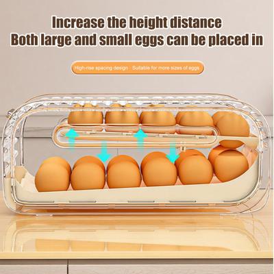 Egg Tray 2-Tier Sliding Lid Automatic Rolling Egg Holder Countertop Refrigerator Organizer for Freezer Pantry Cabinet Home