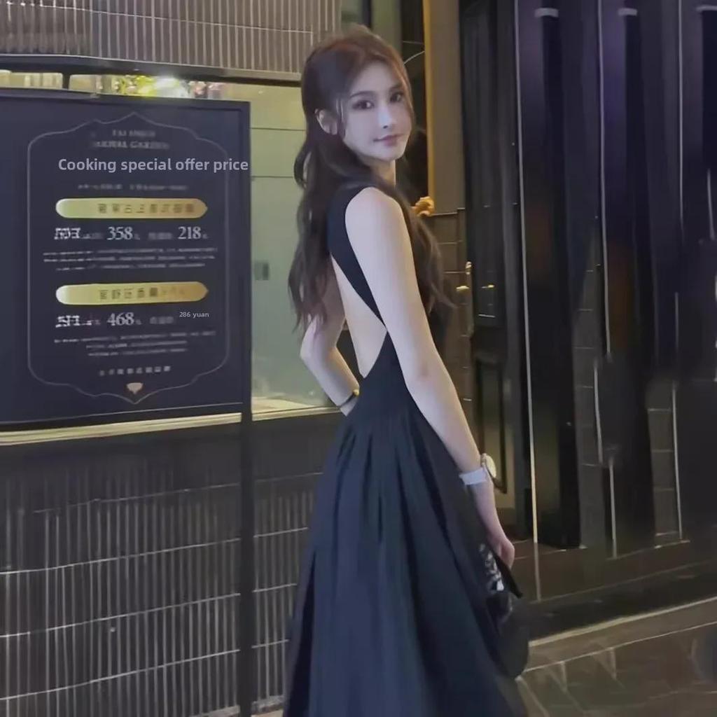 Rochie de vară neagră pentru femei 2024, fără spate, linie A, cu talie subțire