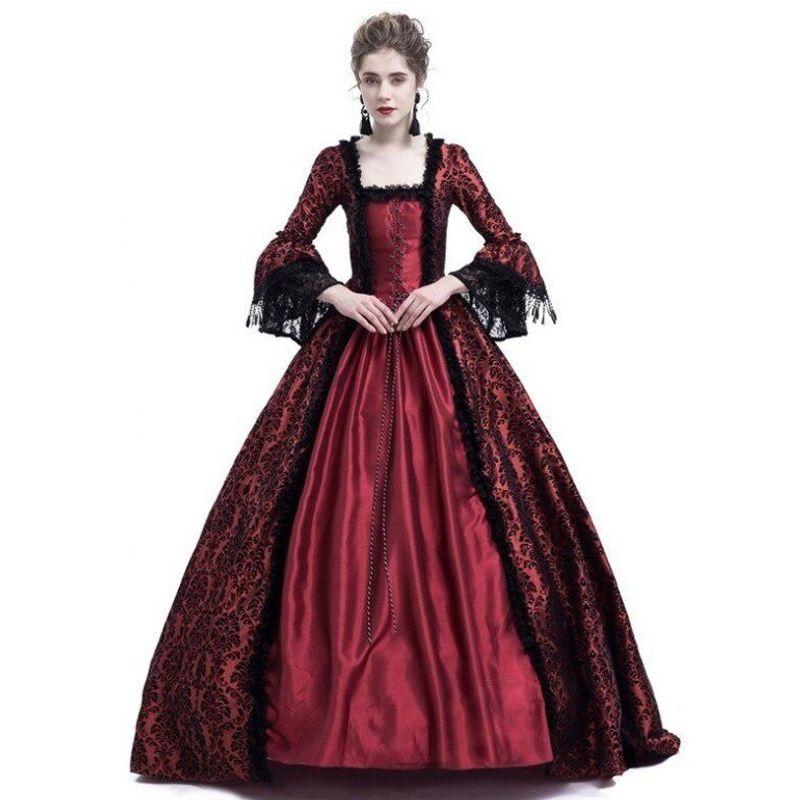 S-5Xl Large Size High-End Court Dress with Lace Splicing and Large Hem Skirt, Vintage Medieval Renaissance Dress