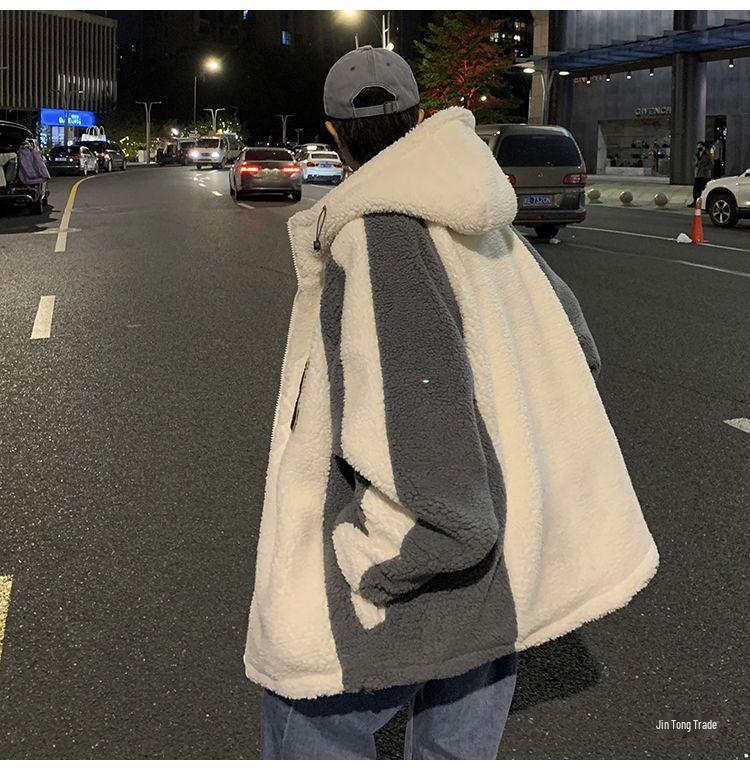 Men's Winter Lambswool Hooded Jacket: Loose, Plush, Trendy Korean Style for Couples.