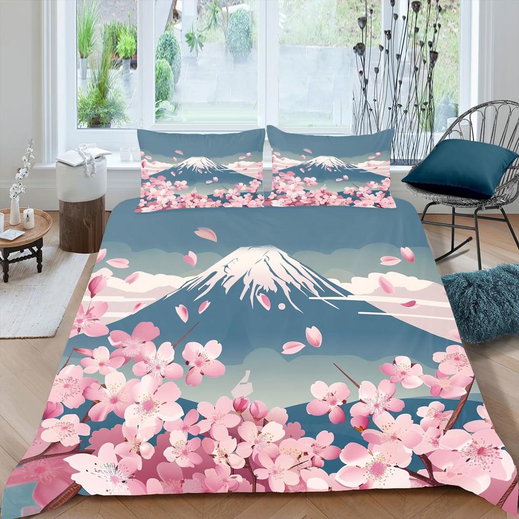 Japanese-Style Bedding Set for Kids Boys Girls Mount Fuji Comforter Cover Cherry Blossoms Duvet Cover Queen Size for Teens Adult