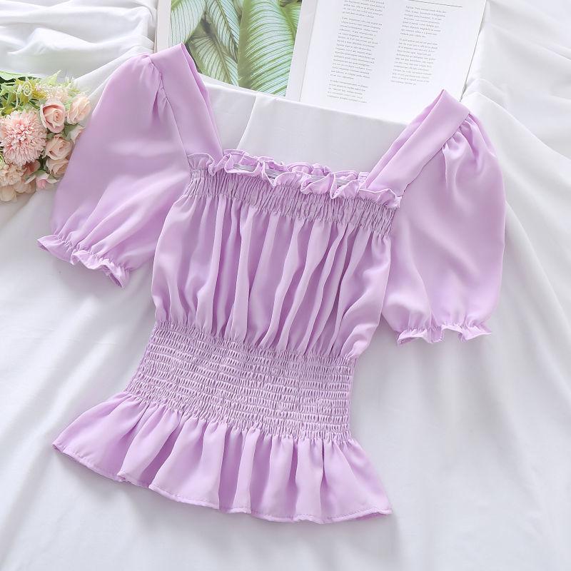 Summer Short Blouse Bubble Sleeve Chiffon Shirt Thin Section White Ruffles Shirt Top Female Short Sleeve Square Neck Puffy Sleeves Tops