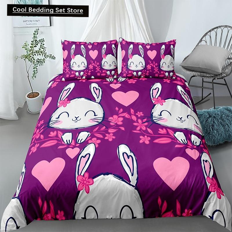 Katze Blumen König Königin Bettbezug Cartoon Kitty Floral Bettwäscheset für Kinder Niedliche Tiere Schwarz 2/3-teilig Polyester Steppdeckenbezug