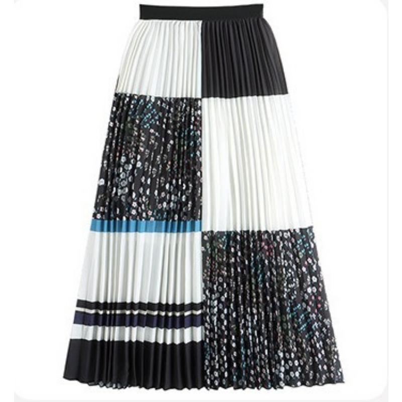 DX~~ New Retro Digital Print Skirt Women's High-waisted Slim Midi A-line Pleated Skirt