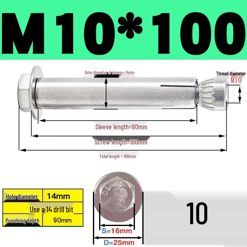 Stainless Steel Expansion Screw: Hexagonal Head with Internal Expansion (304/201), Sizes M6, M8, M10, M12.