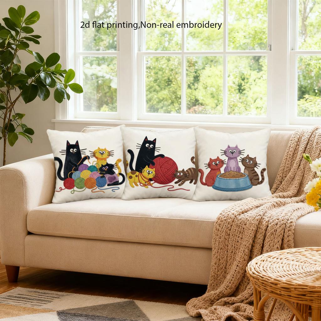 Double-Sided Printed Pillow Covers, Playful Cartoon Kittens With Yarn Scratching Post Print Cushion Cases Home Decor Living Room