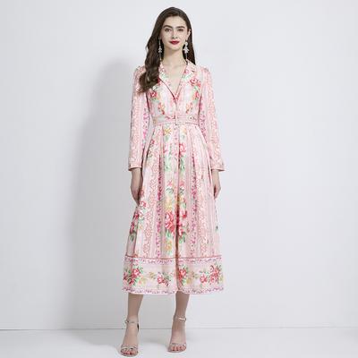 Spring Autumn Women Vintage Print Single Breasted Long Maxi Holiday Beach Dresses With Belt