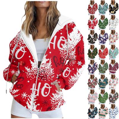 Kadın Modası Rahat Noel Baskılı Uzun Kollu Sweatshirt Cep Ceket Fermuarlı Kapşonlu Mont