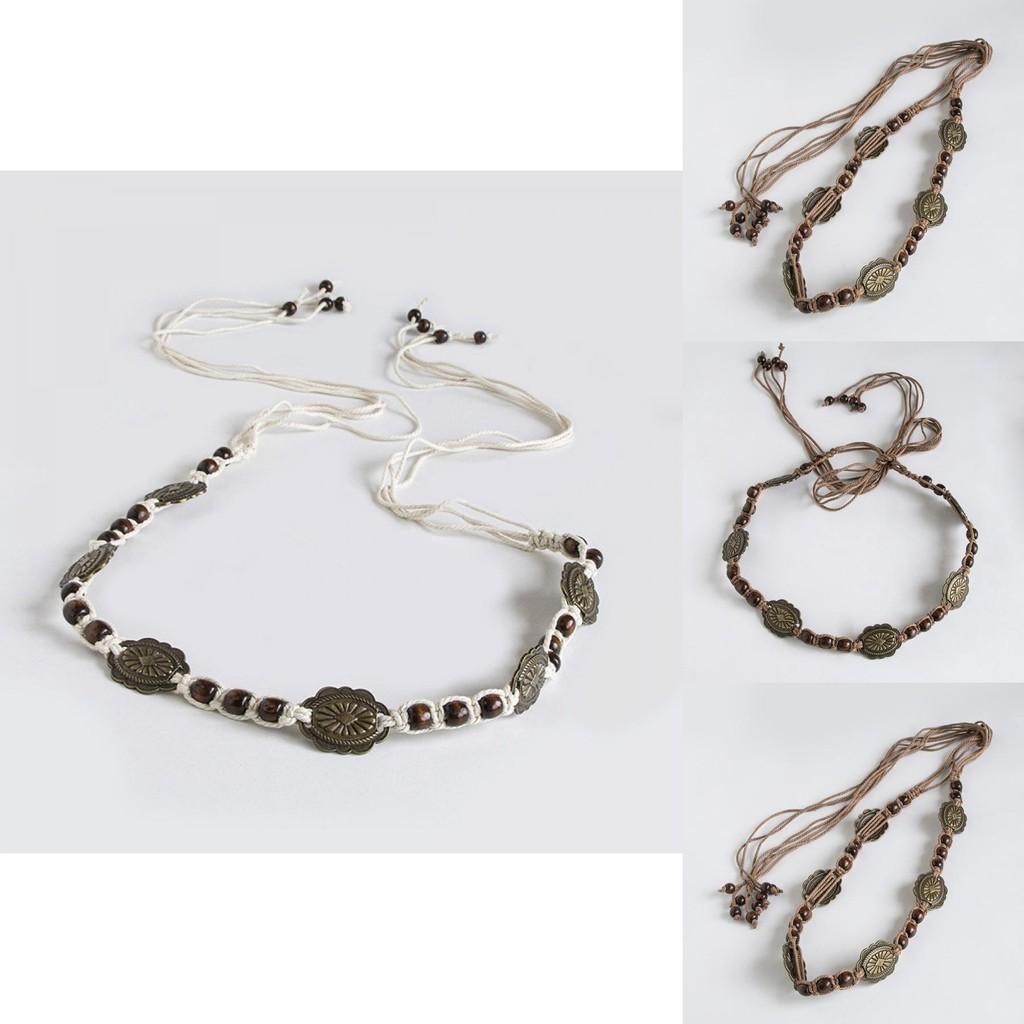 Böhmischer Stil Metall- und Holzperlen-Dekor Damen Webgürtel für lässige Sommerferien