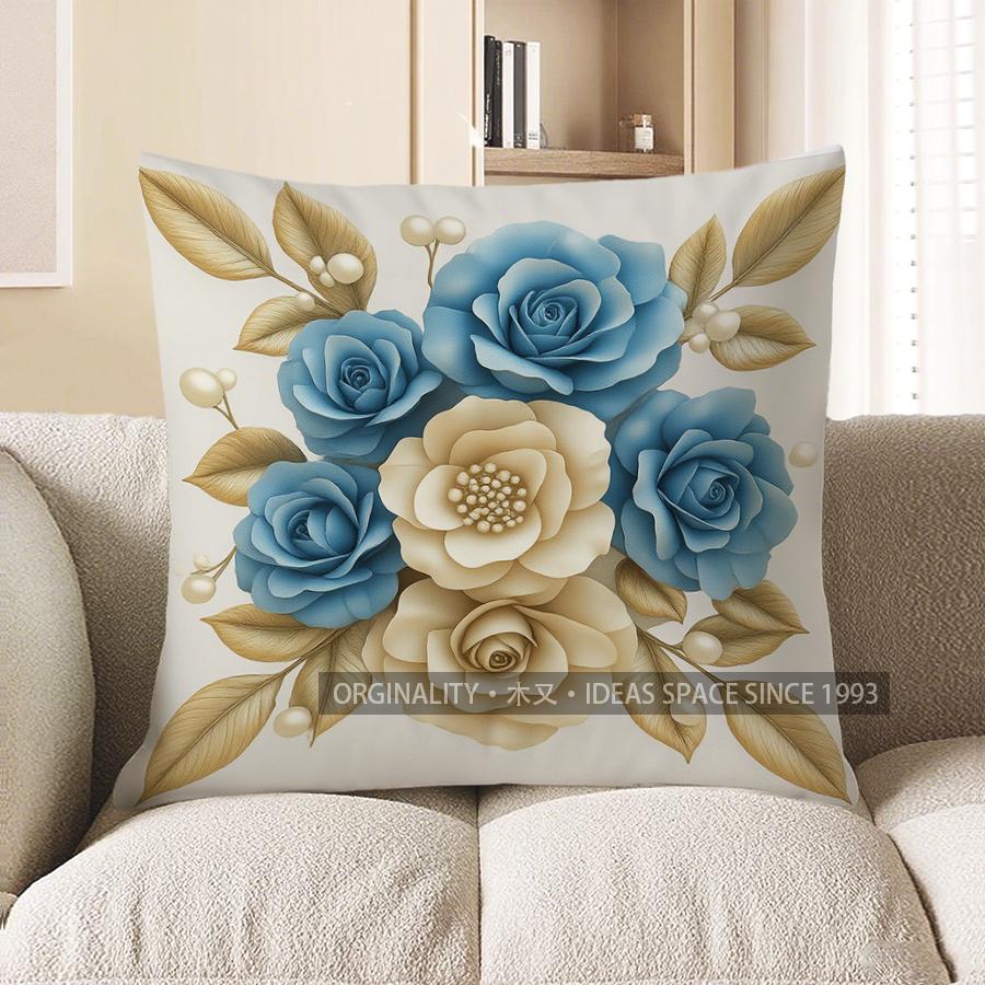 Home Decor Blue & Beige Floral Throw Pillow Cover Pattern Cushion Cover Suitable For Sofa Bedroom Car Pillow Cover